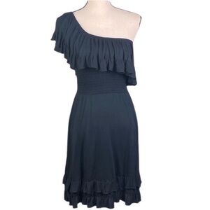 JUICY COUTURE black ruffled one shoulder mini dress in size Petite/Small. EUC